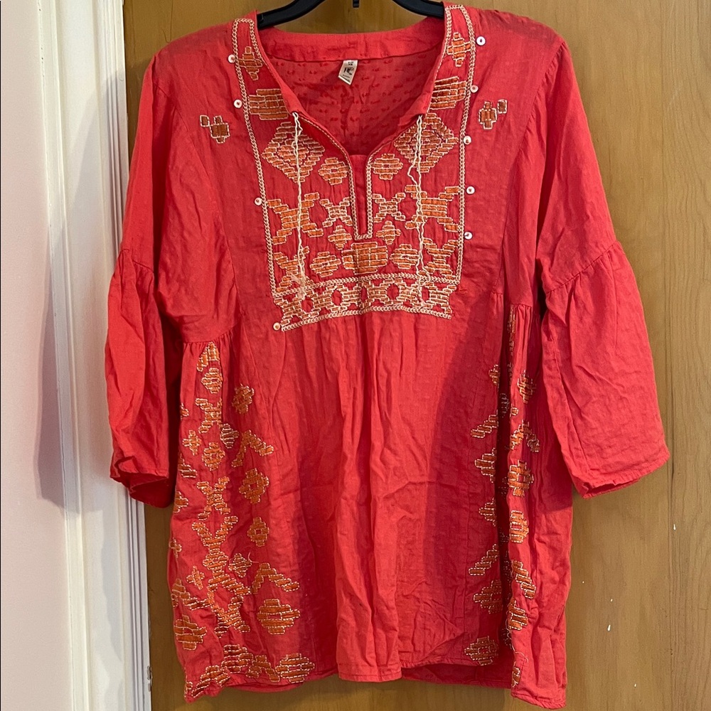 Vibrant Red Embroidered Women's Tunic